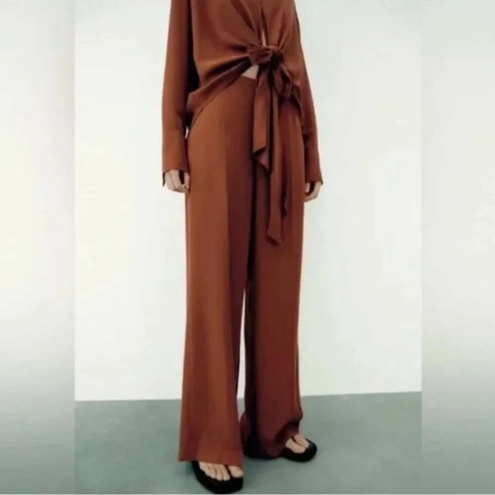 NWT ZARA Wide Leg Flowy Back Elastic Waist Pants Flying FabricCooper 9479/054 XL